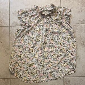 Loft Floral Ruffle Neck Top - Pink & Green